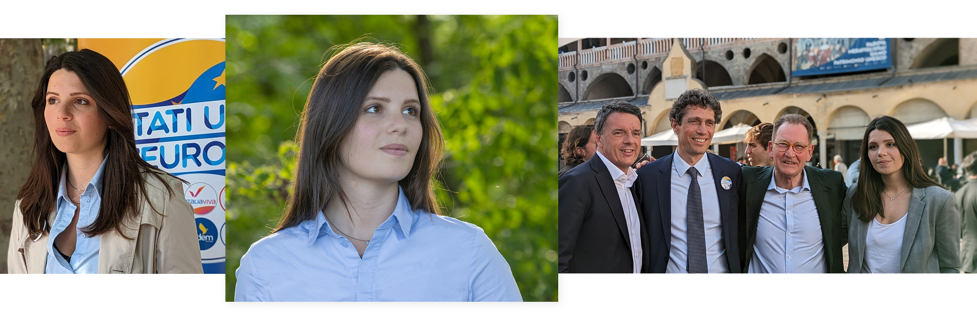 Tre scatti della candidata Aurora Pezzuto durante la campagna, con leader della lista