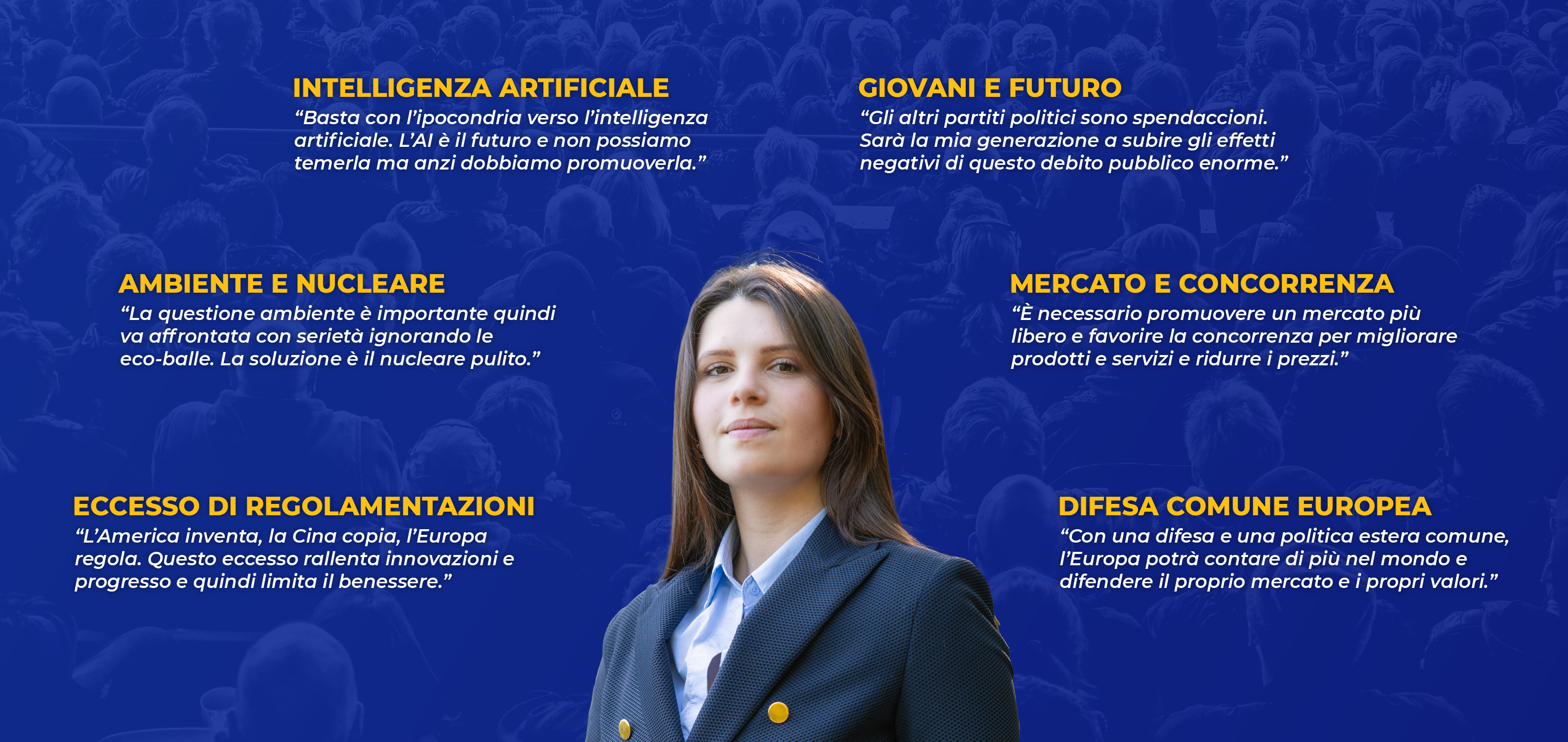 I sei temi distintivi della campagna: IA, giovani e futuro, ambiente e nucleare, mercato e concorrenza, regolamentazioni, difesa comune europea