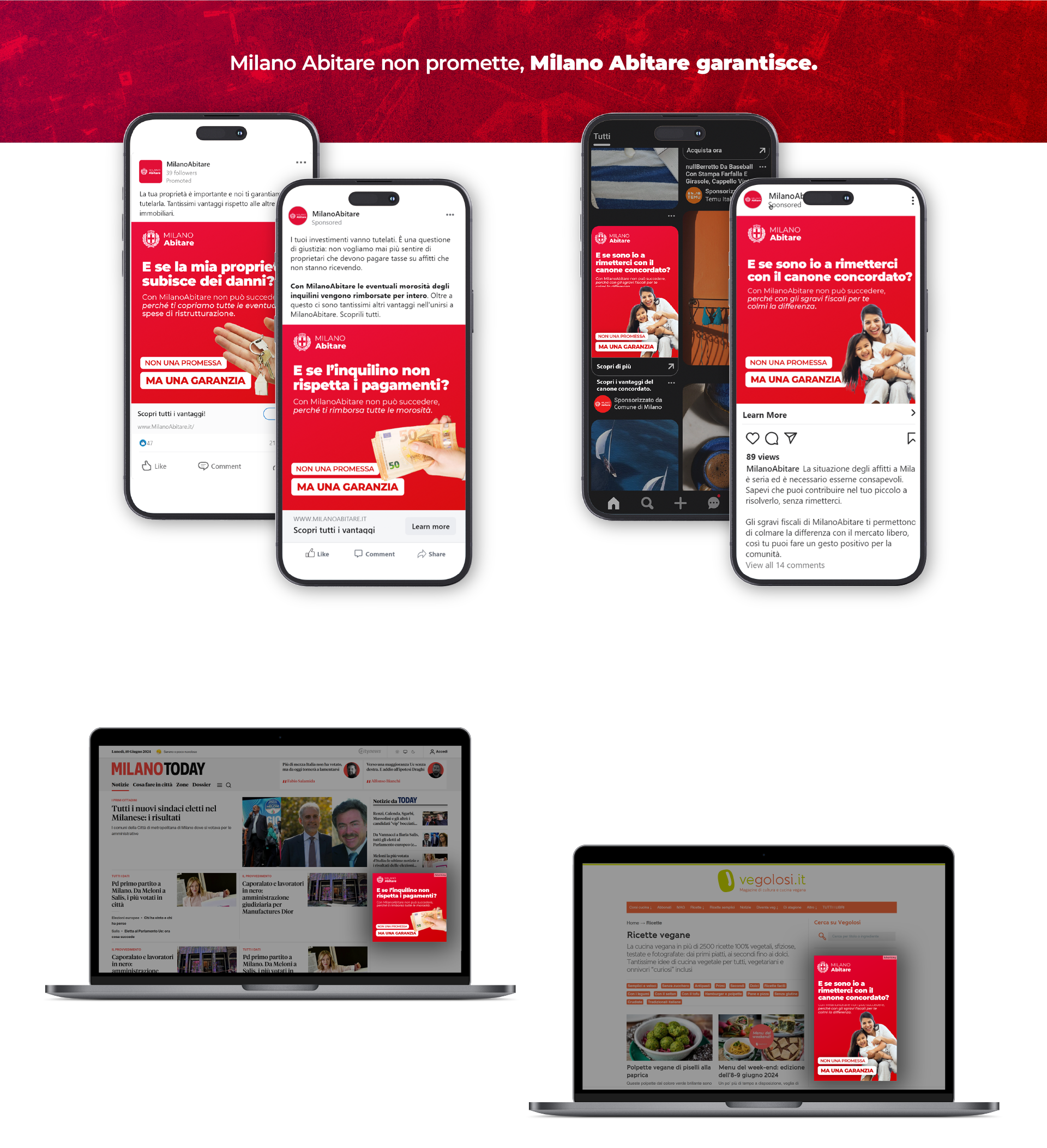 Il concept 'Milano Abitare non promette, Milano Abitare garantisce' e il mockup di advertising su diversi touchpoint.