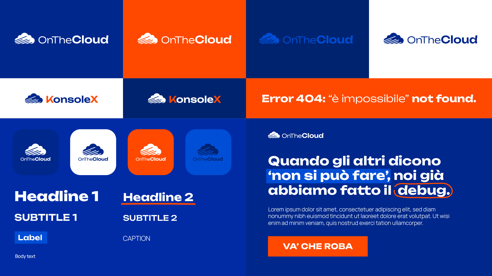 Il design system di OnTheCloud: logo, tipografia, palette blu e arancio, cerchiature e sottolineature a mano